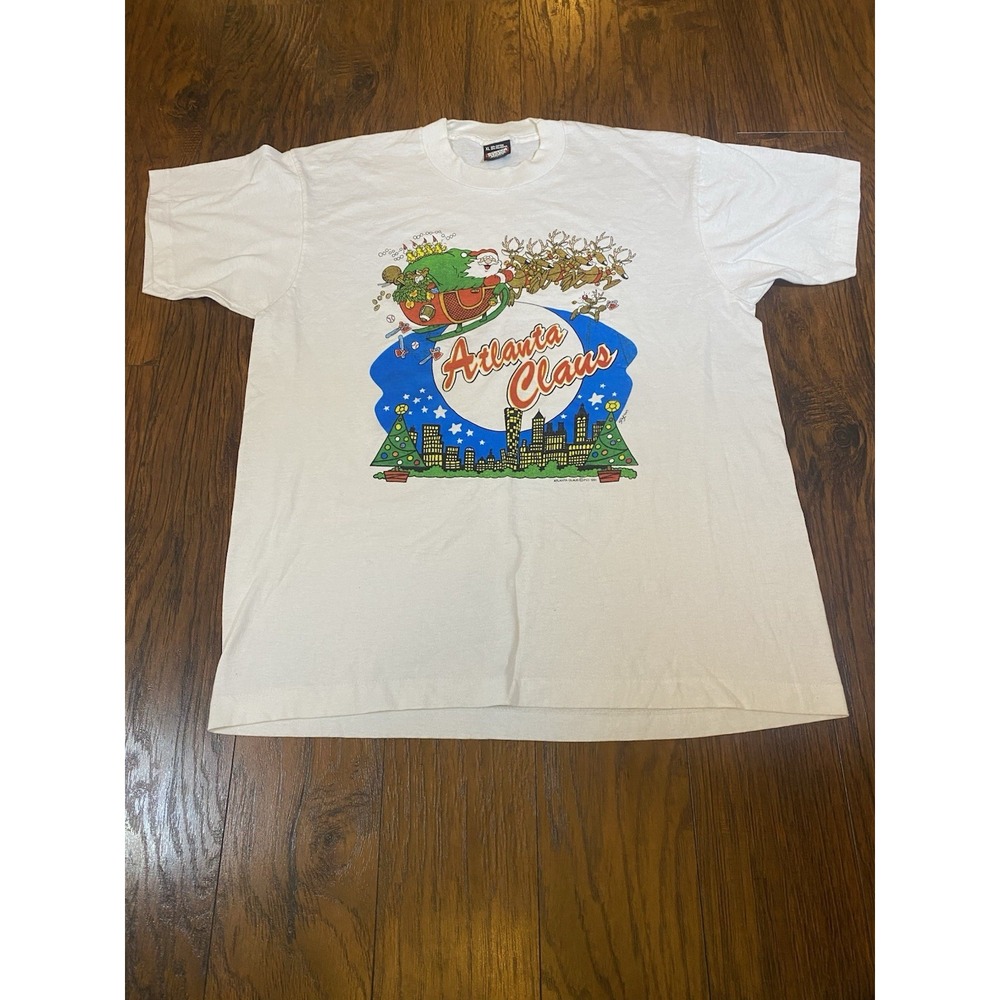 Vintage 1991 Atlanta Claus Christmas T Shirt Screen Stars Best White XL Mens